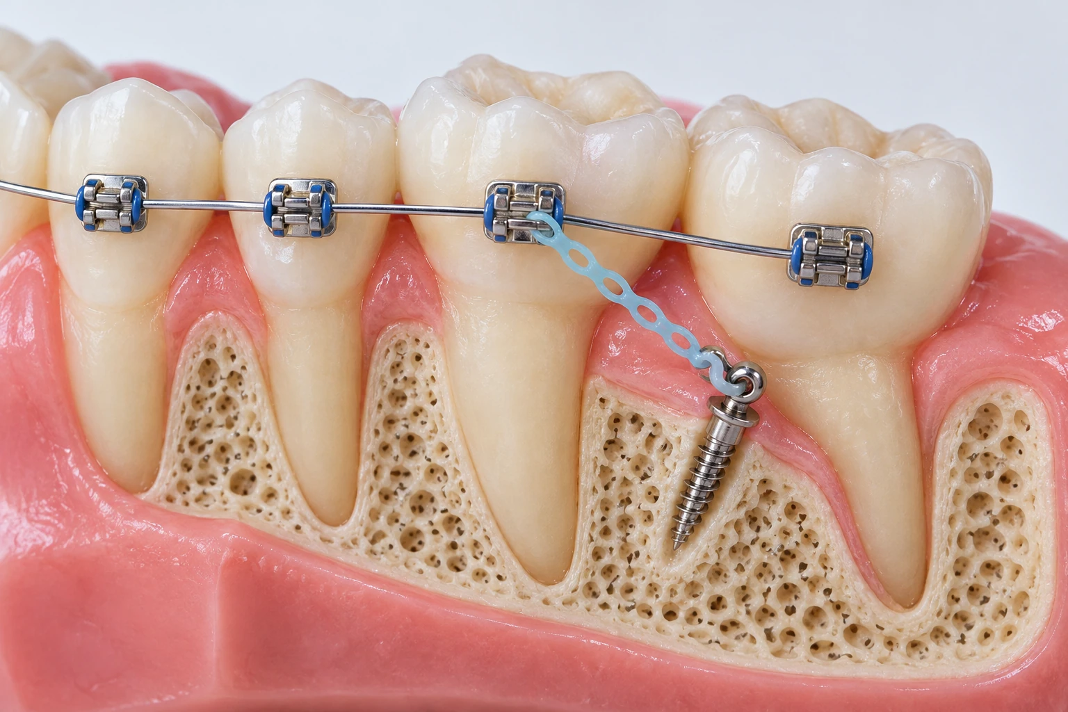 Ortodontik mini vidanın ankraj amacıyla kullanımını anlatan temsili model