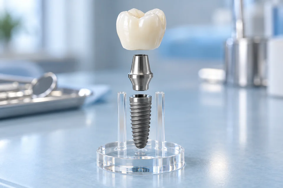 İmplant vidası, abutment ve kronun temsili görünümü