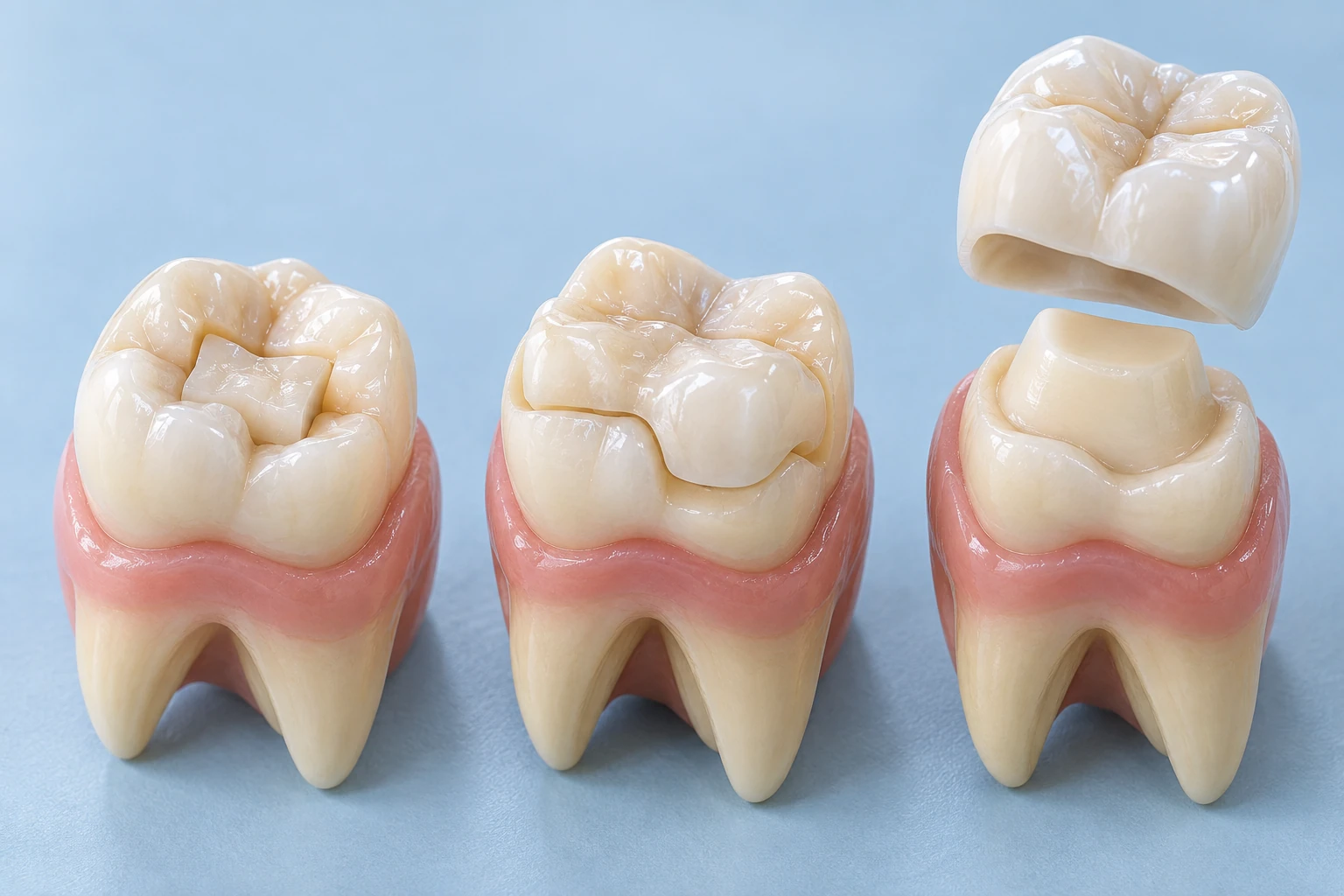 İnley, onley ve kron restorasyonlarını gösteren temsili modeller