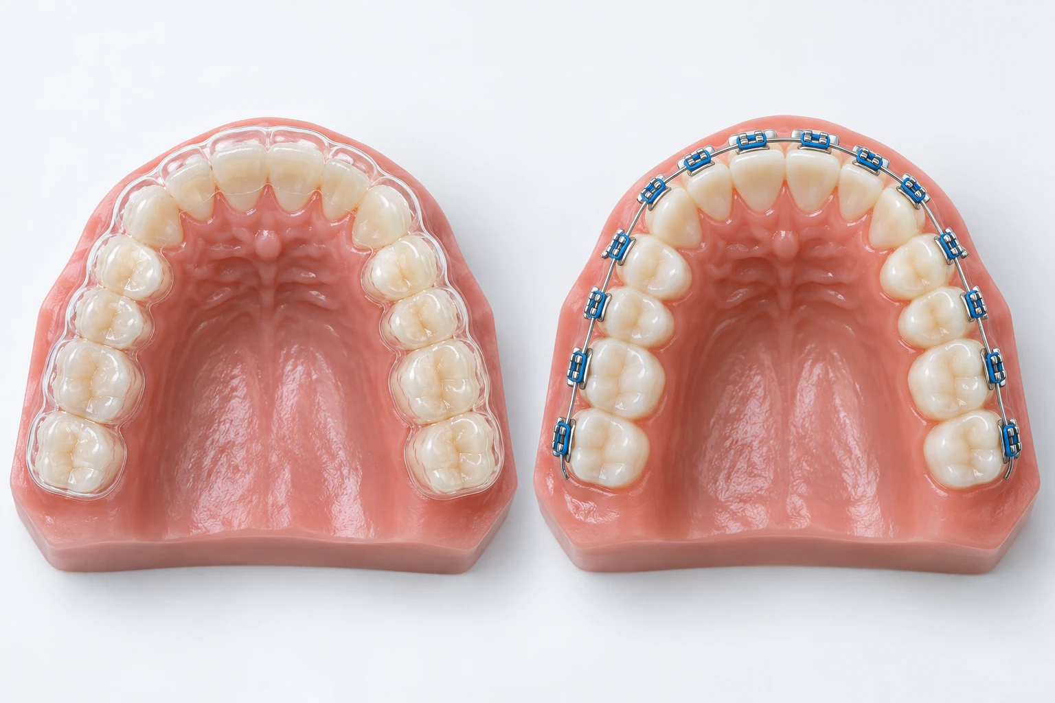 Şeffaf plak ve metal braket seçeneklerini eşit biçimde gösteren iki diş modeli